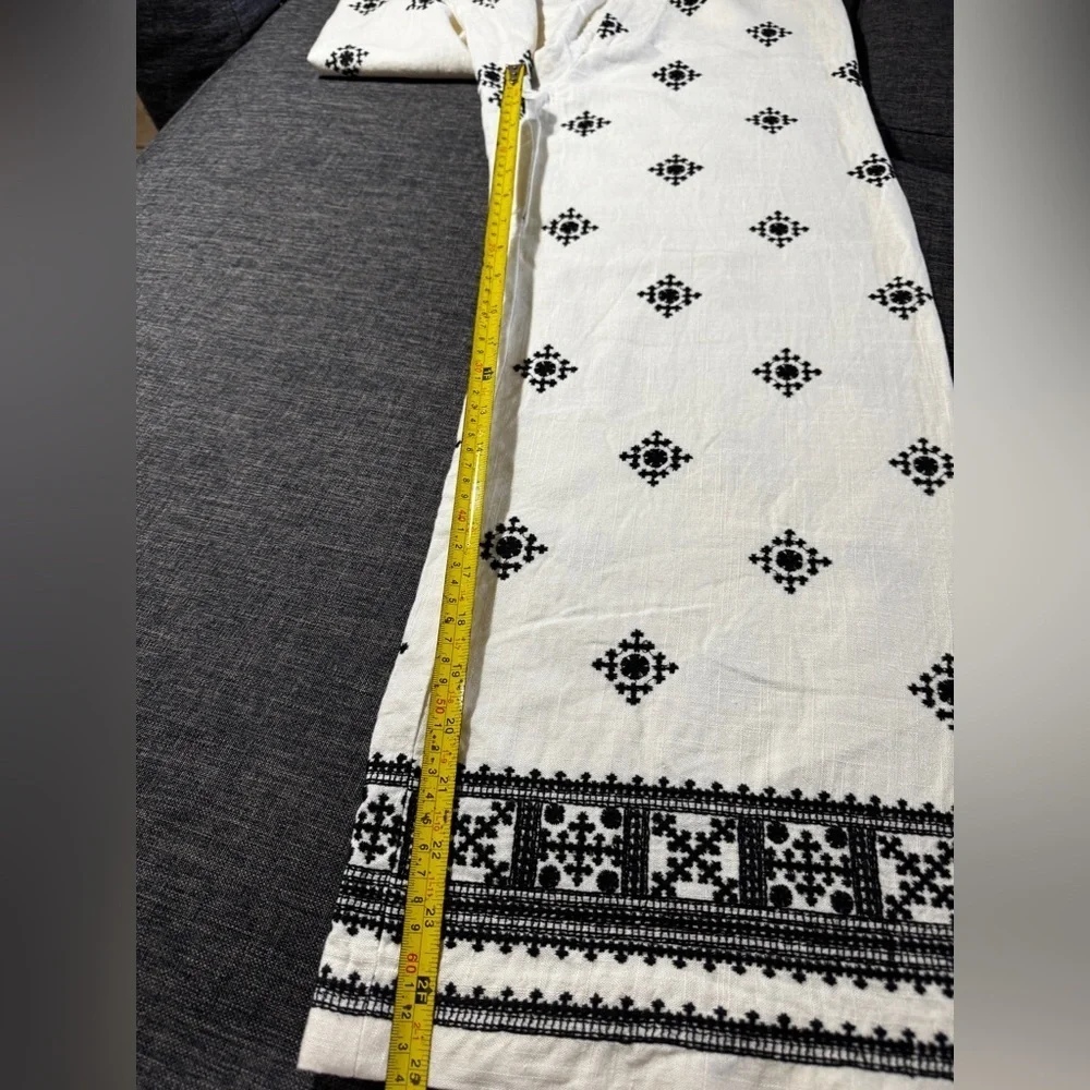 ZARA Linen Blend Embroidered Wide Leg Pants White Black Boho Resort S